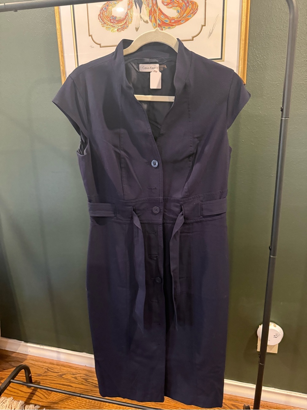 Calvin Klein Navy Button-Front Midi Dress with Self-Tie Waist